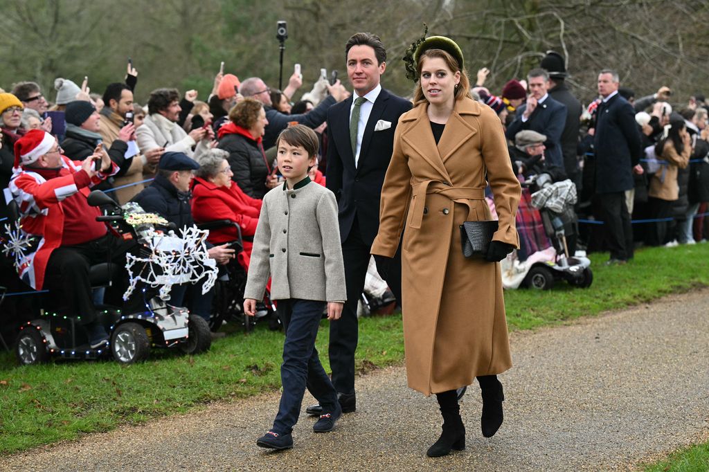 Princess Beatrice, Edoardo Mapelli Mozzi and Wolfie Mapelli Mozzi attend the 2024 Christmas Day service