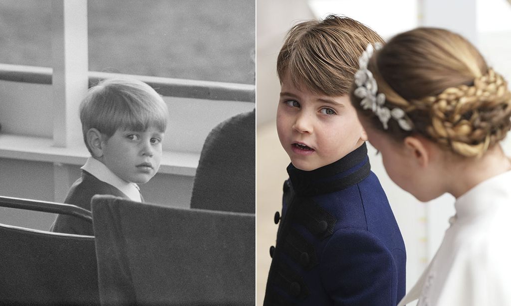 split image showing one boy watching horse show and one boy chatting to sister