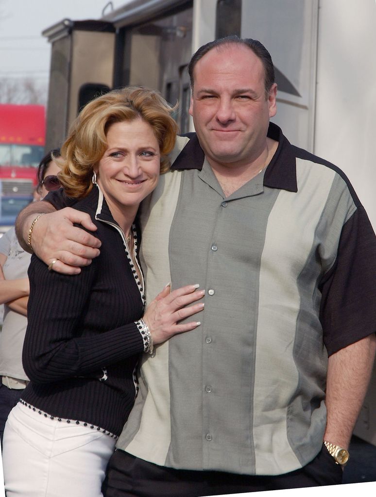 Actor James Gandolfini (R) and actress Edie Falco pose on site for the filming of the final episode of "The Sopranos" March 22, 2007 in Bloomfield, New Jersey