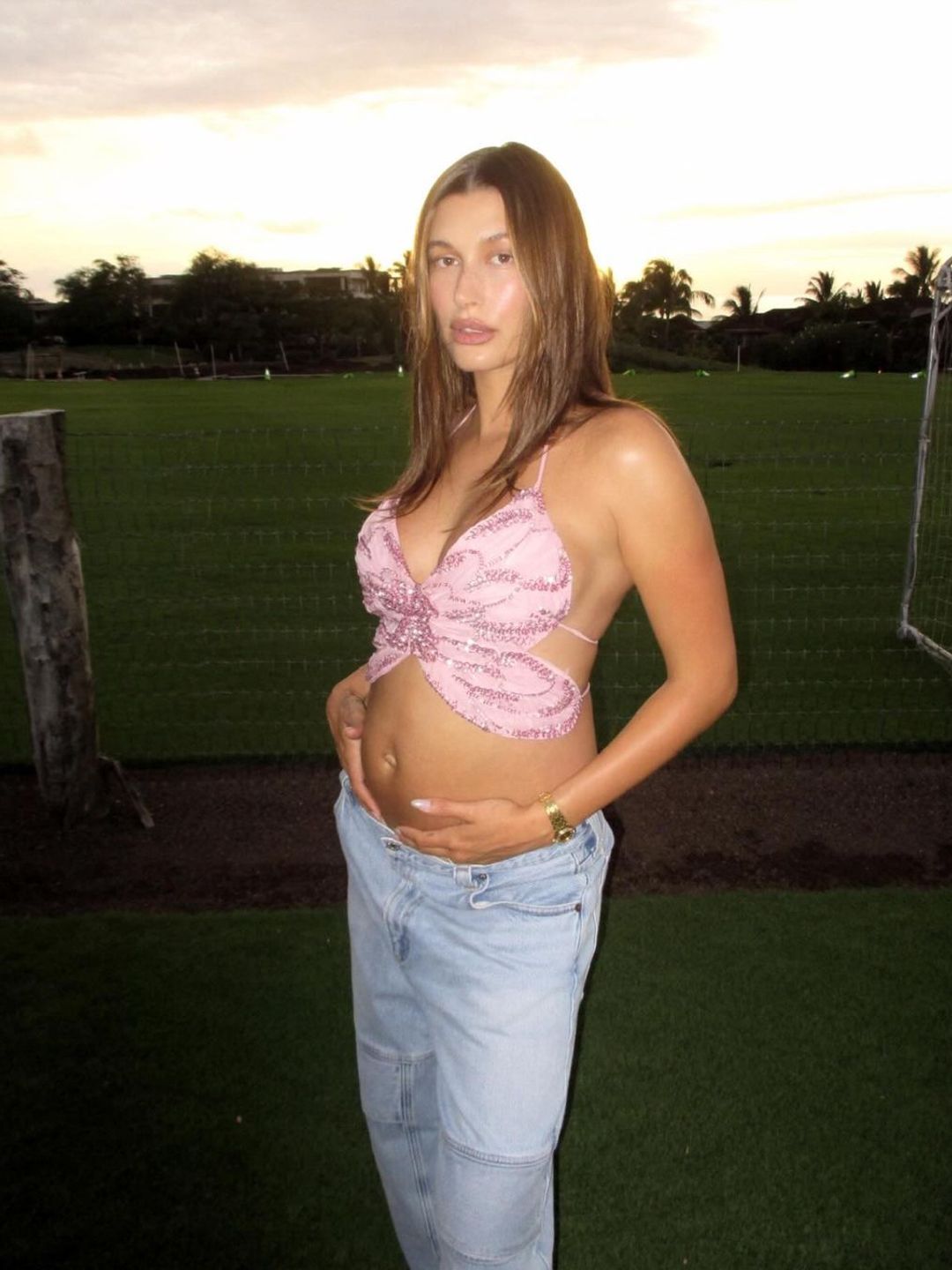 Hailey Bieber wearing pink butterfly top holding her baby bump