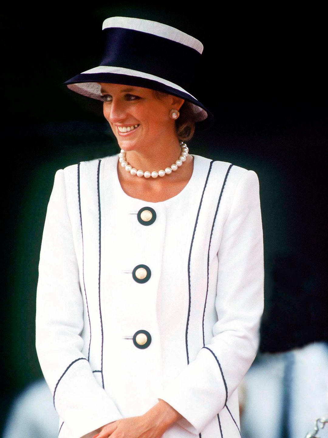 Princess Diana Vj  Day Commemorative Events Wearing A Suit By Bashoin Designer Tomasz Starsewski And Hat By  Milliner Philip Somerville 