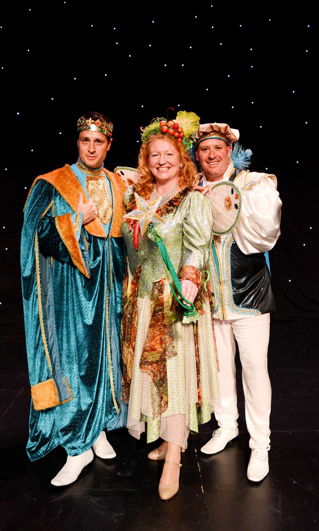 Charlie Dimmock as the Organic Fairy in a pantomime alongside Tom Evans and Jack Hayes