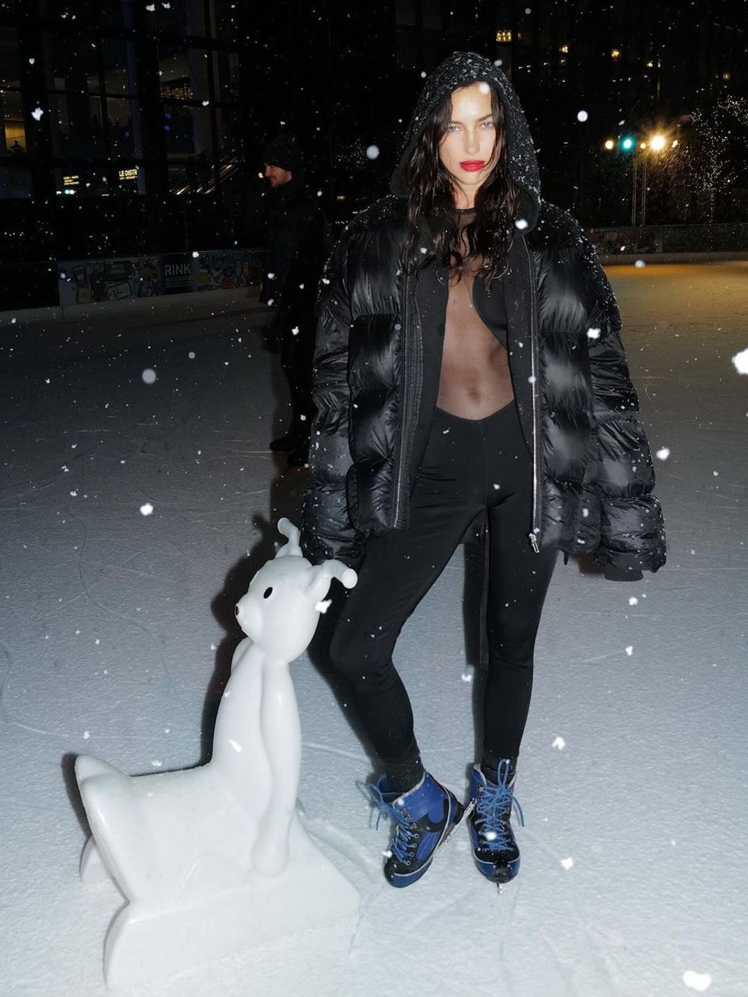 Irina's Shayk celebrated her 38th birthday ice skating in a mesh catsuit and black puffer jacket 