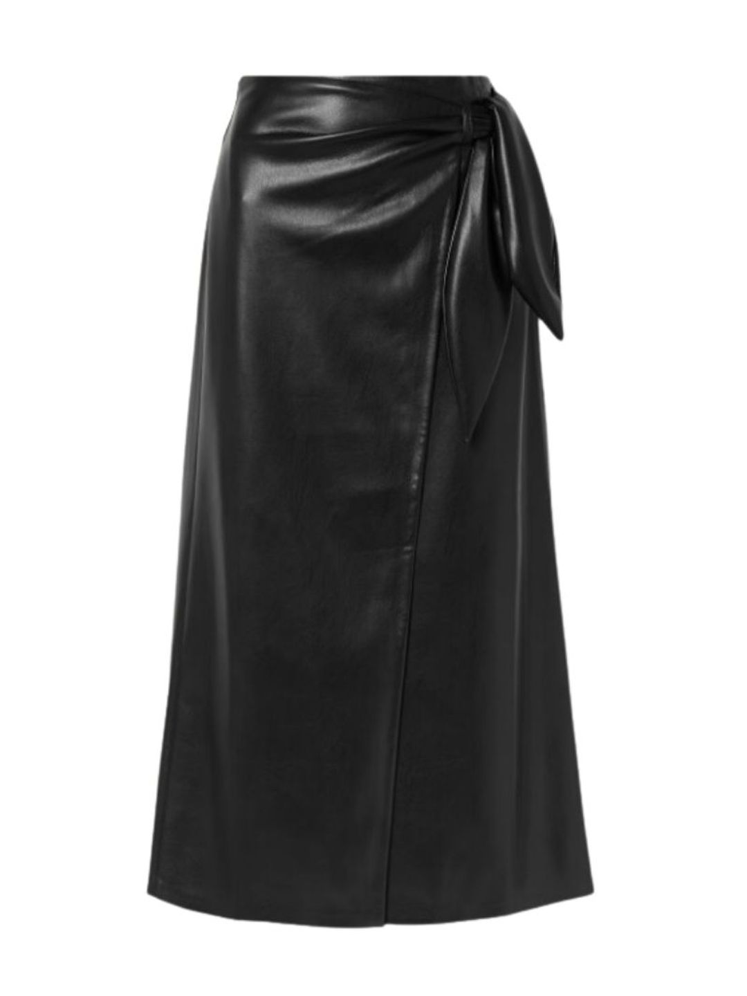 Black leather midi skirt with knot tie 