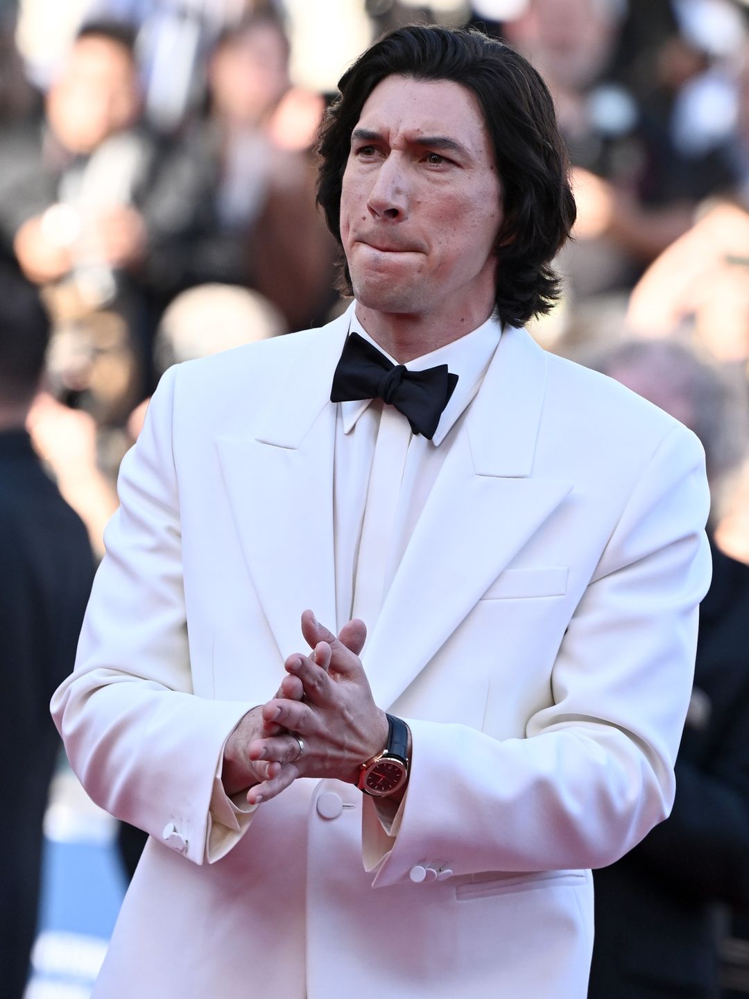 Adam Driver in a white tuxedo