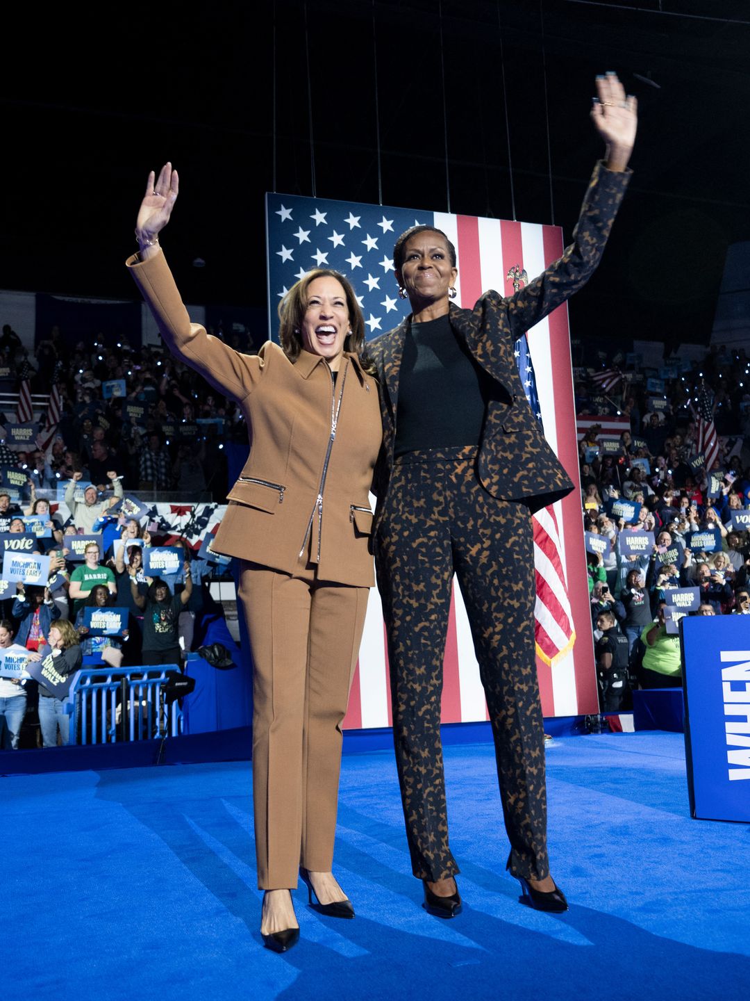 US Vice President and Democratic presidential candidate Kamala Harris and former US First Lady Michelle Obama campaign together at the Wings Event Center in Kalamazoo, Michigan, October 26, 2024. (Photo by Brendan Smialowski / AFP) (Photo by BRENDAN SMIALOWSKI/AFP via Getty Images)