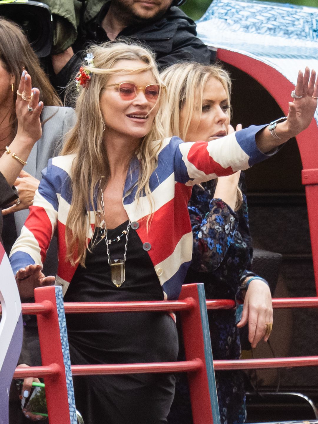 Kate Moss sports a Union Jack printed jacket at the Platinum Jubilee Pageant on June 05, 2022 