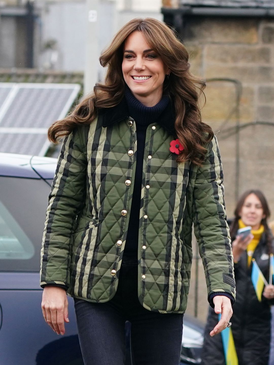 Kate Middleton wearing tartan Burberry coat in Moray, Scotland