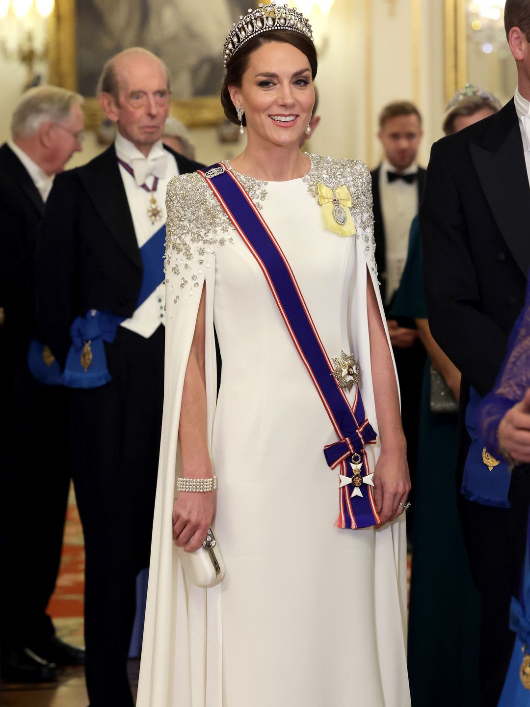 Catherine, Princess of Wales during the State Banquet at Buckingham Palace wearing Jenny Packham