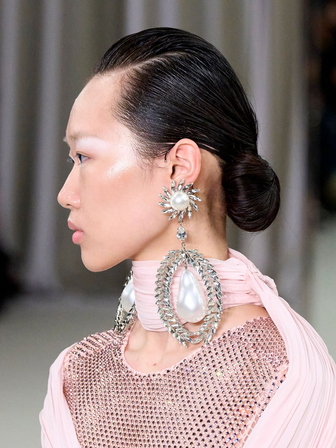 Giambattista Vali model with XXL pearl sparkly earrings 