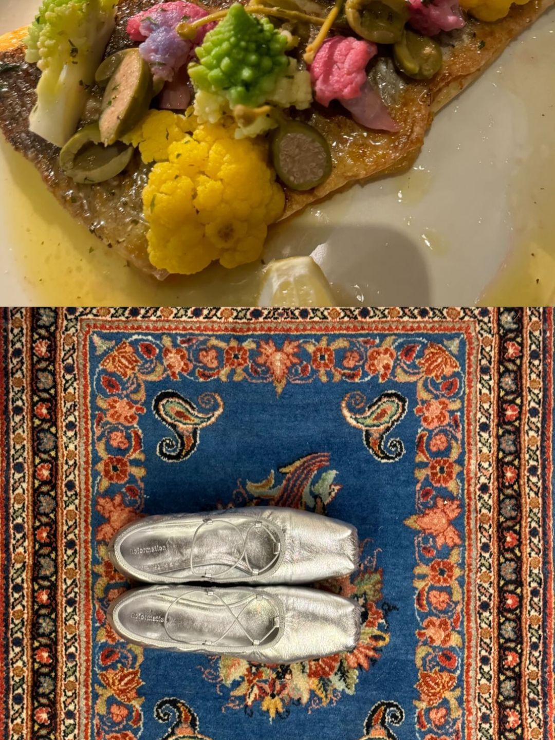 Mia's Instagram story featuring the Reformation silver ballet flats