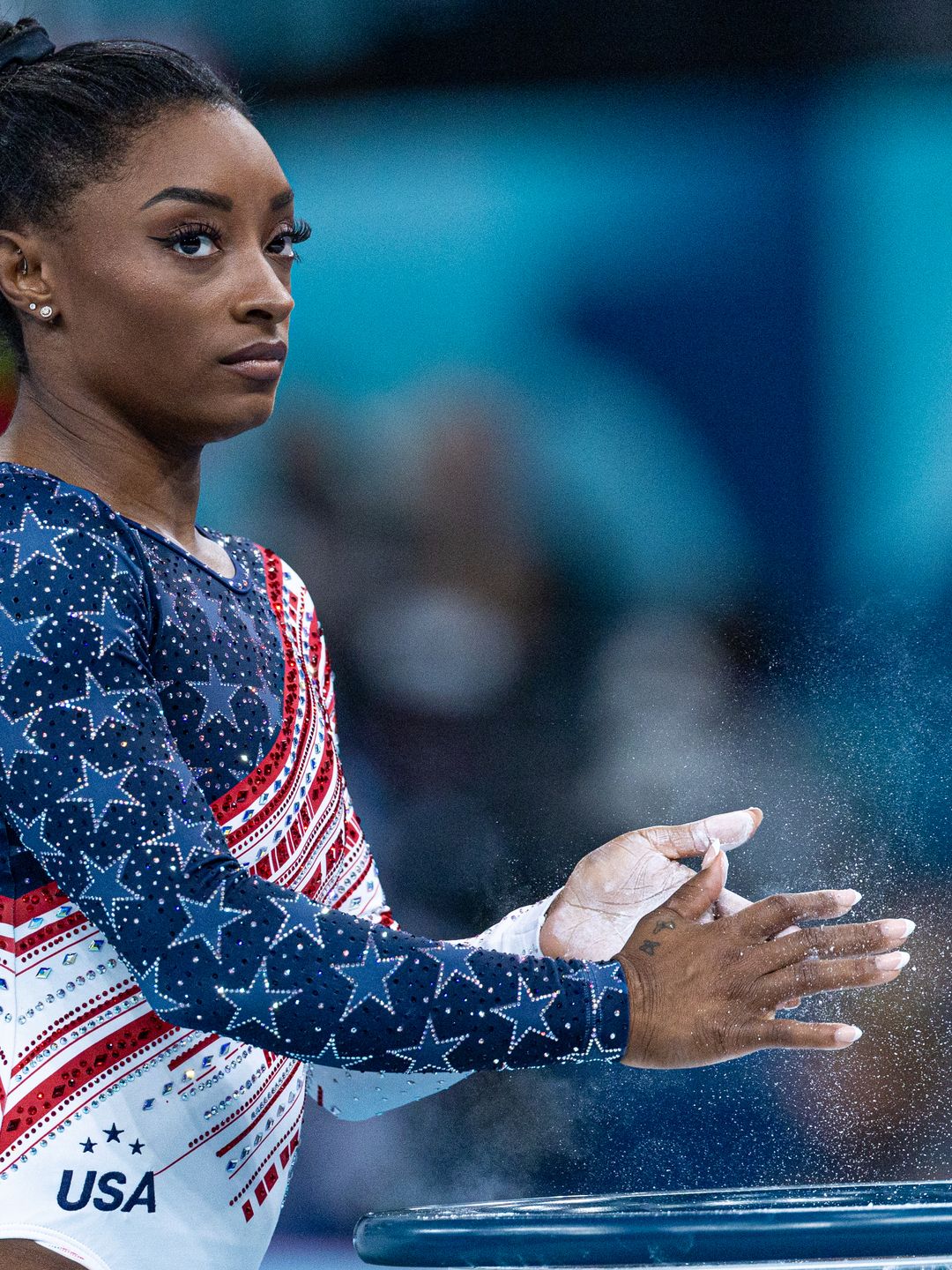 Simone Biles of United States competes during the Artistic Gymnastics Women's Team Final on day four of the Olympic Games Paris 2024 at Bercy Arena in Paris, France