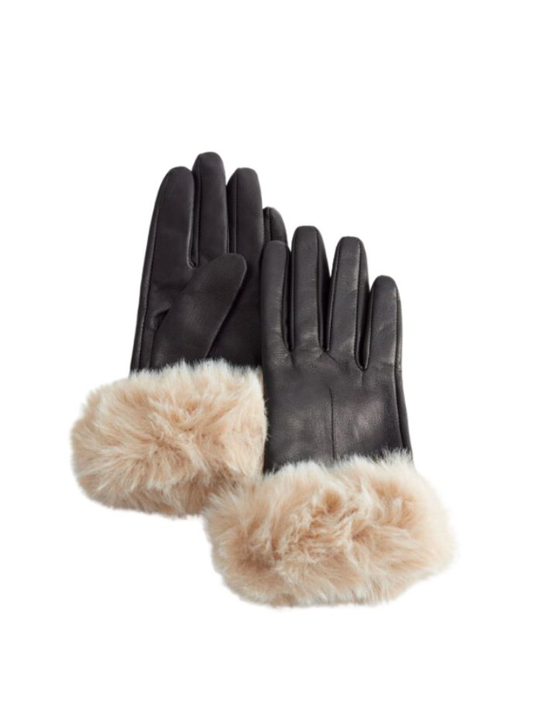 Black gloves with cream fluffy trims 