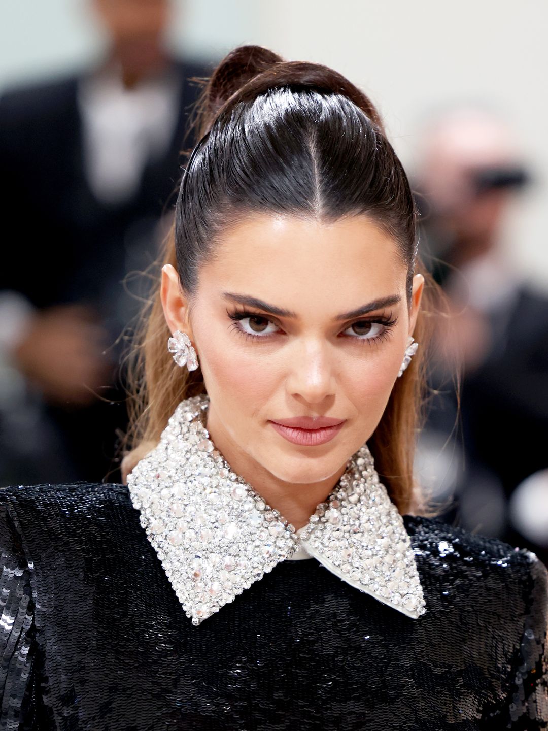 Kendall Jenner with her hair in a flicky ponytail at the 2023 Met Gala 