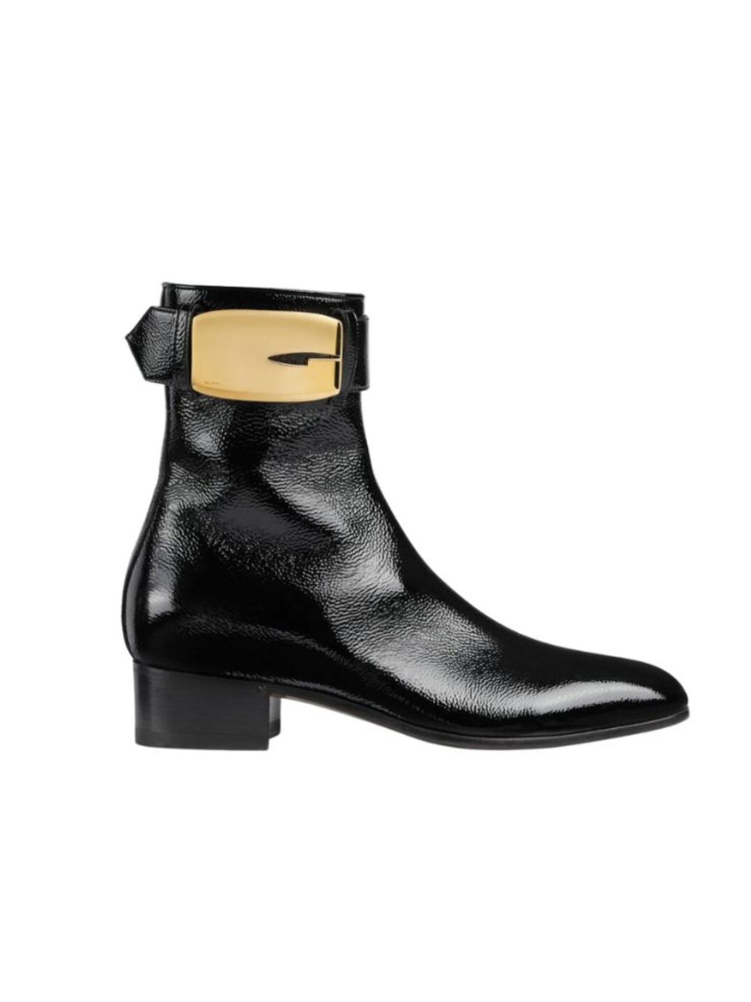 Shiny ankle boots with gold hardware 
