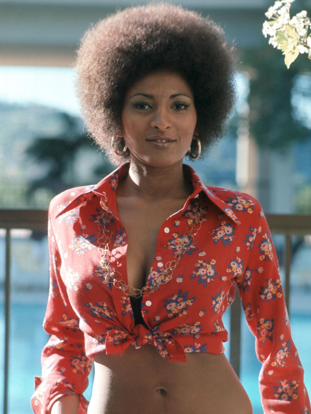 Actress Pam Grier rocking a floral shirt with a wide collar 