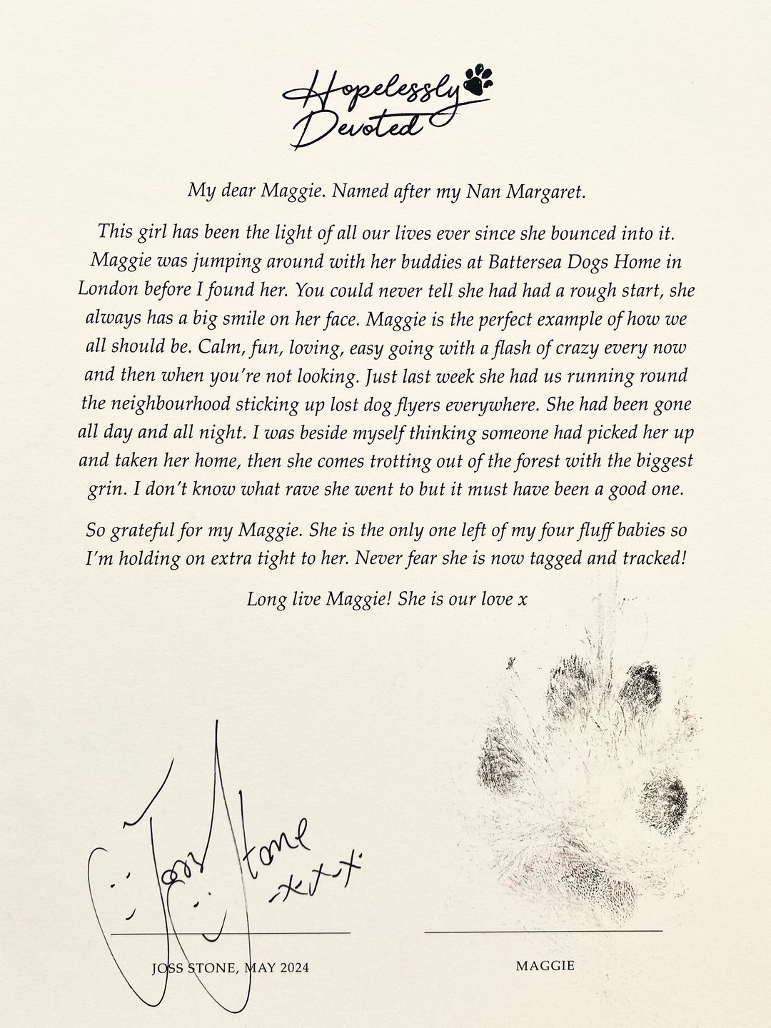 Joss' letter to her dog Maggie