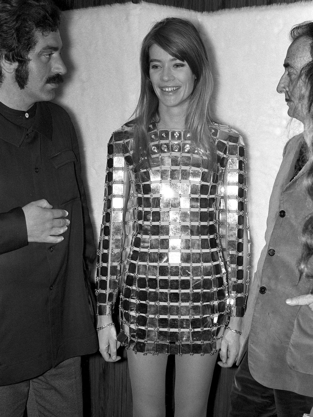 French singer-songwriter Francoise Hardy a chainmail piece by Paco Rabanne in 1968 