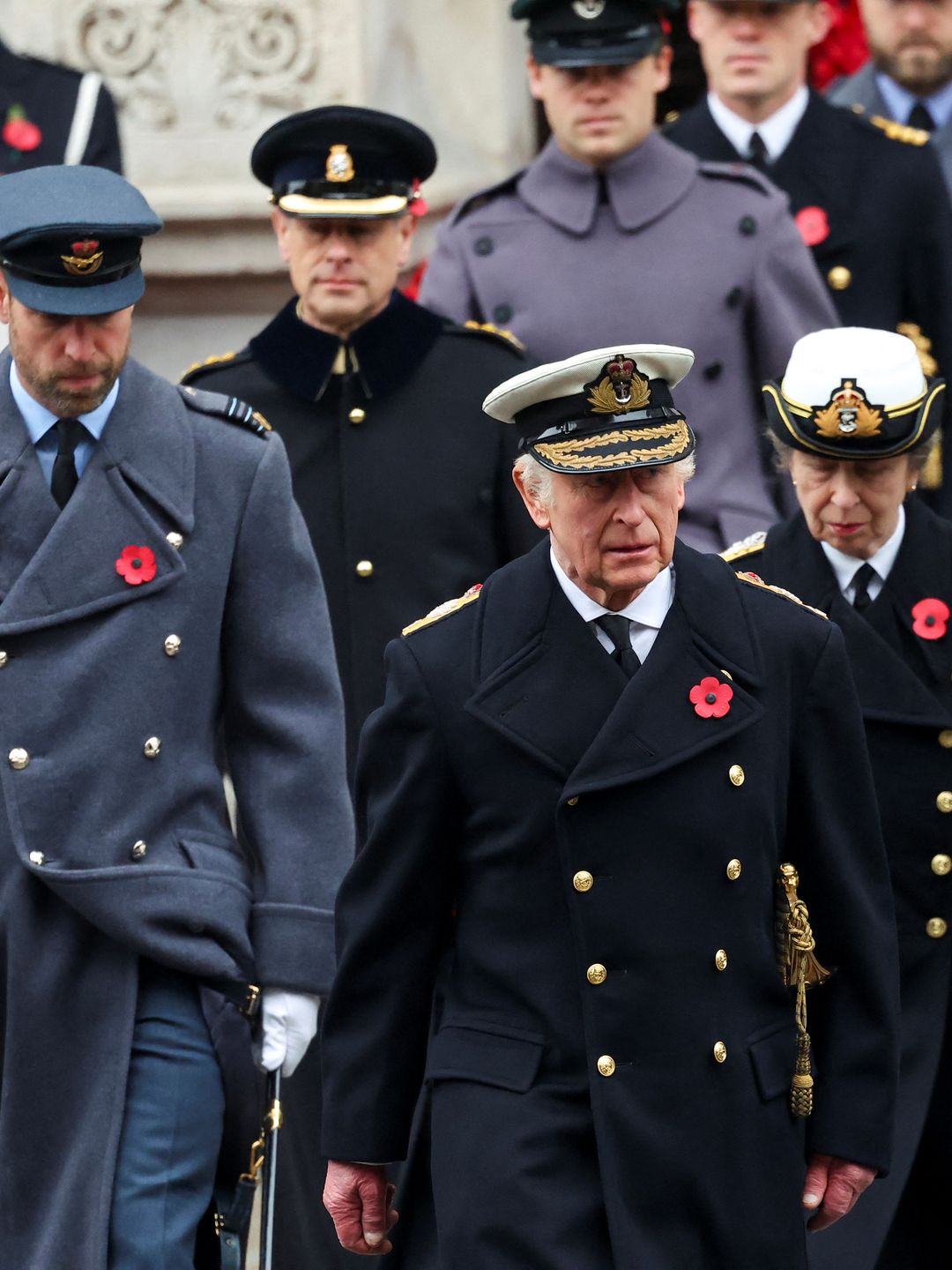 King Charles, Prince William and Princess Anne, attend the annual Service Of Remembrance at The Cenotaph )