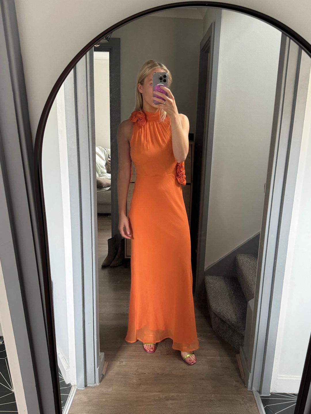 Myself wearing an orange maxi dress