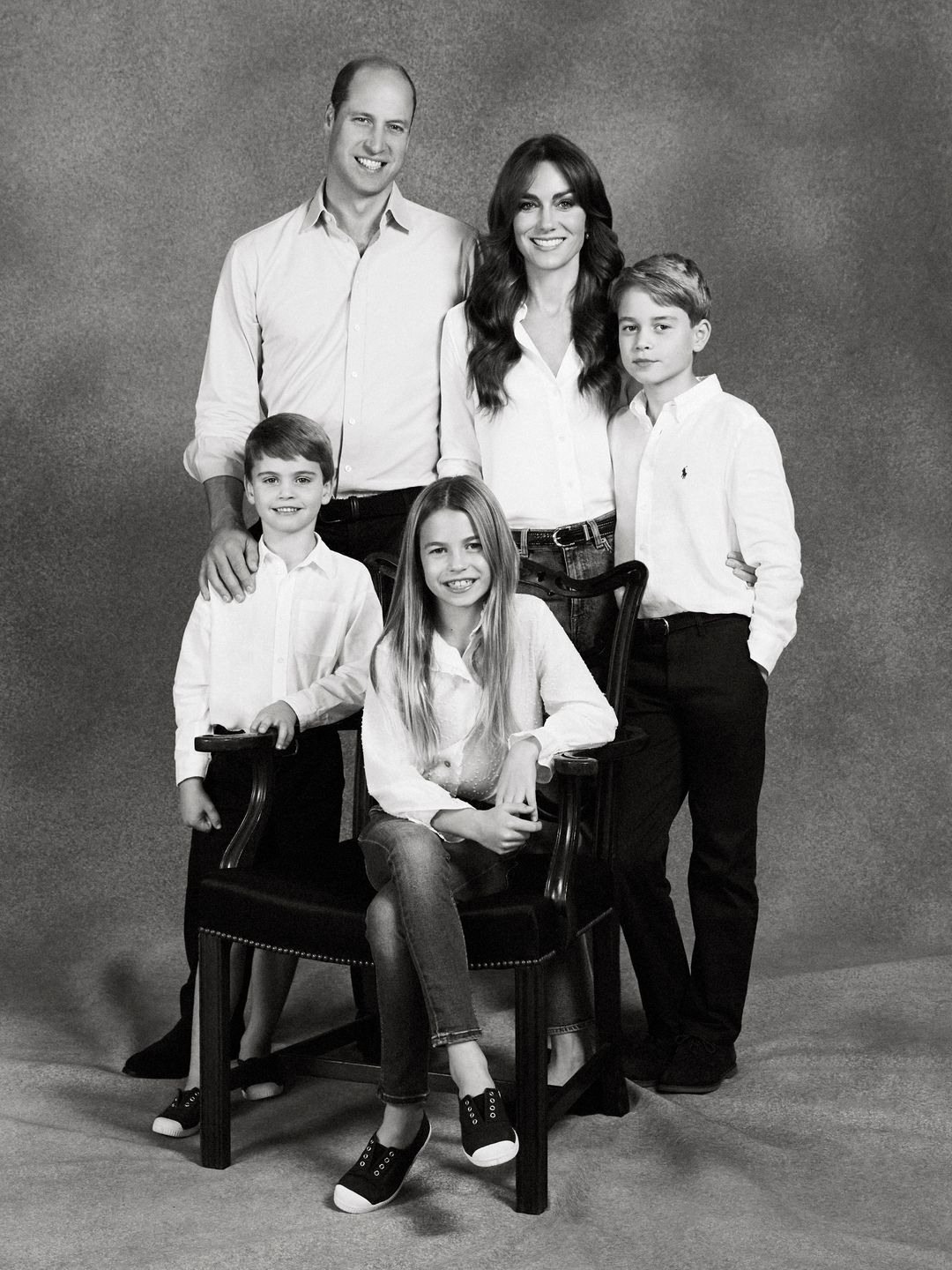 Black and white portrait of the Prince and Princess of Wales and their children for their 2023 Christmas card photo
