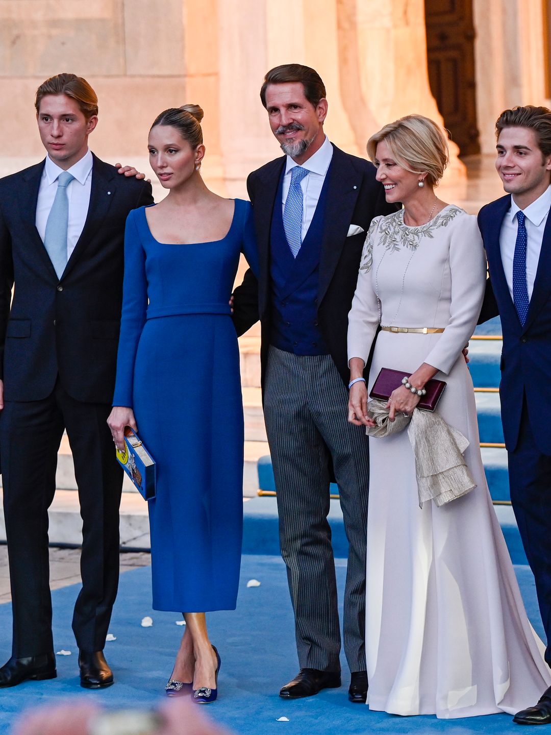 Prince Achileas-Andreas, Prince Aristidis Stavros, Crown Prince Pavlos, Crown Princess Marie-Chantal, Prince Constantine Alexios, Princess Maria-Olympia are seen the Athens' Orthodox Cathedral following the wedding ceremony of Nina Flohr and Prince Philippos at the Metropolis Greek Orthodox Cathedral on October 23, 2021 in Athens, Greece. (Photo by Milos Bicanski/Getty Images)