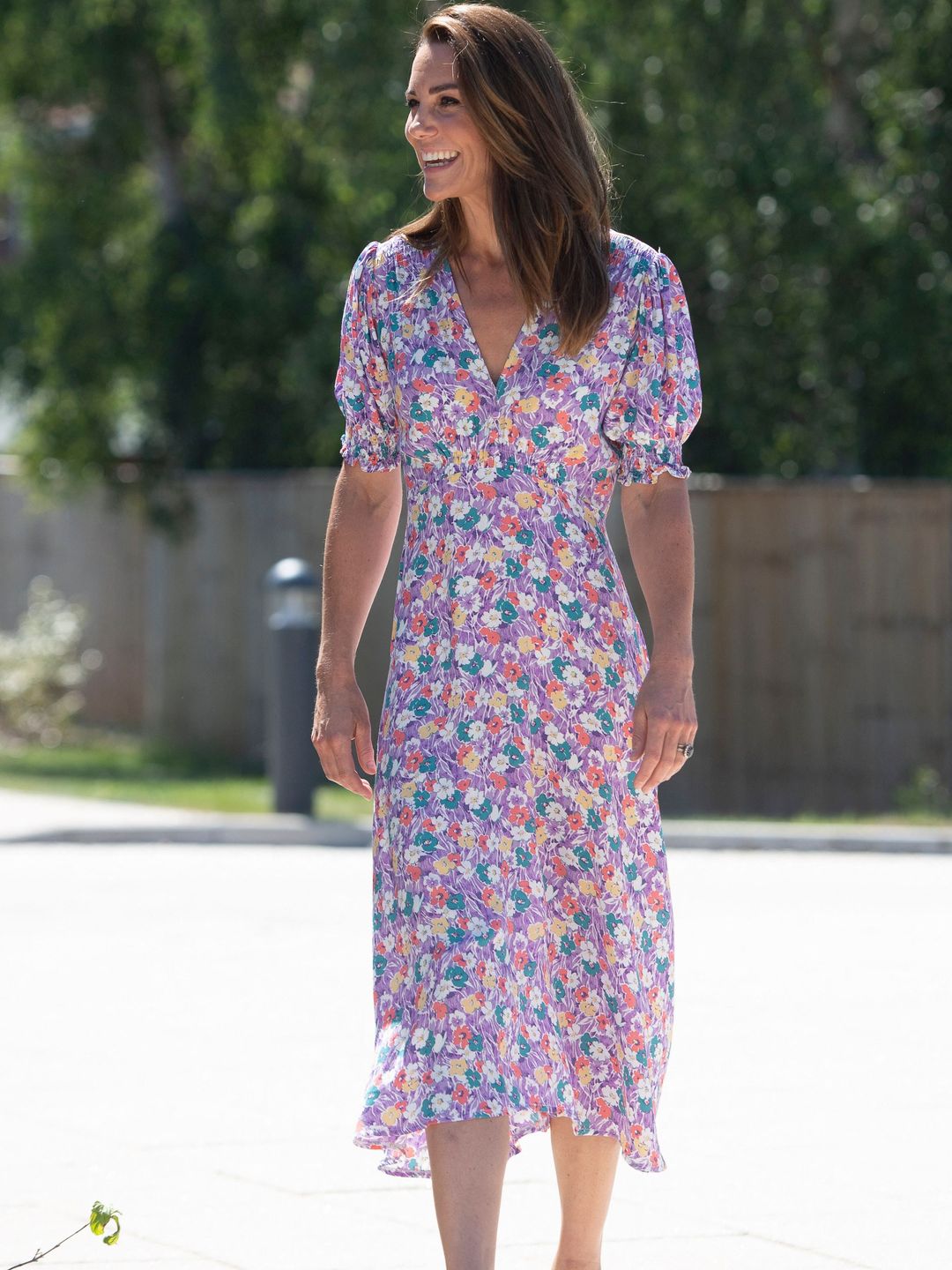 Britain's Catherine, Duchess of Cambridge, visits The Nook in the village of Framlingham Earl wearing Faithfull the Brand