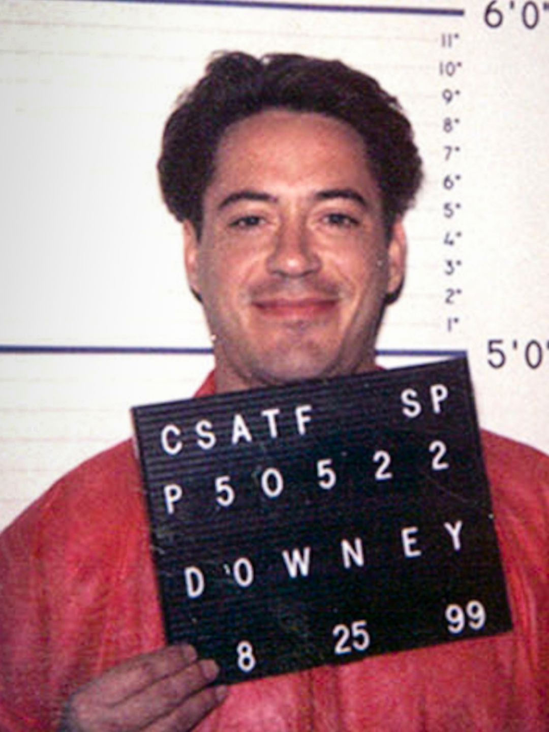Robert Downey Jr in orange jumpsuit for a mugshot