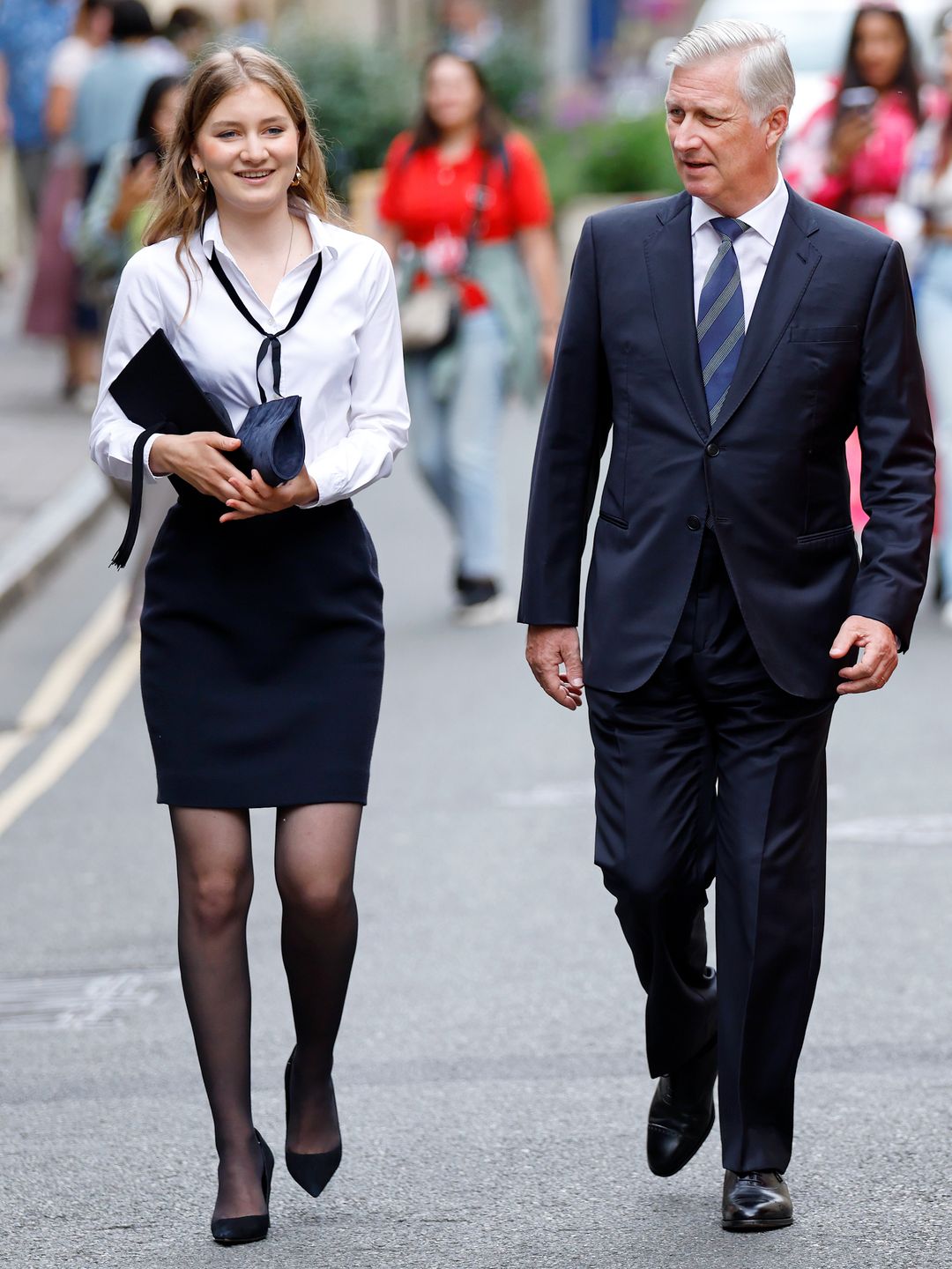 Crown Princess Elisabeth, Duchess of Brabant (accompanied by her parents King Philippe of Belgium and Queen Mathilde of Belgium) arrives to attend her Oxford University Graduation Ceremony at the Sheldonian Theatre in Oxford on July 23, 2024 in Oxford, England. Princess Elisabeth of Belgium recently completed a three year bachelor's degree in History and Politics at Lincoln College, University of Oxford. (Photo by Max Mumby/Indigo/Getty Images)