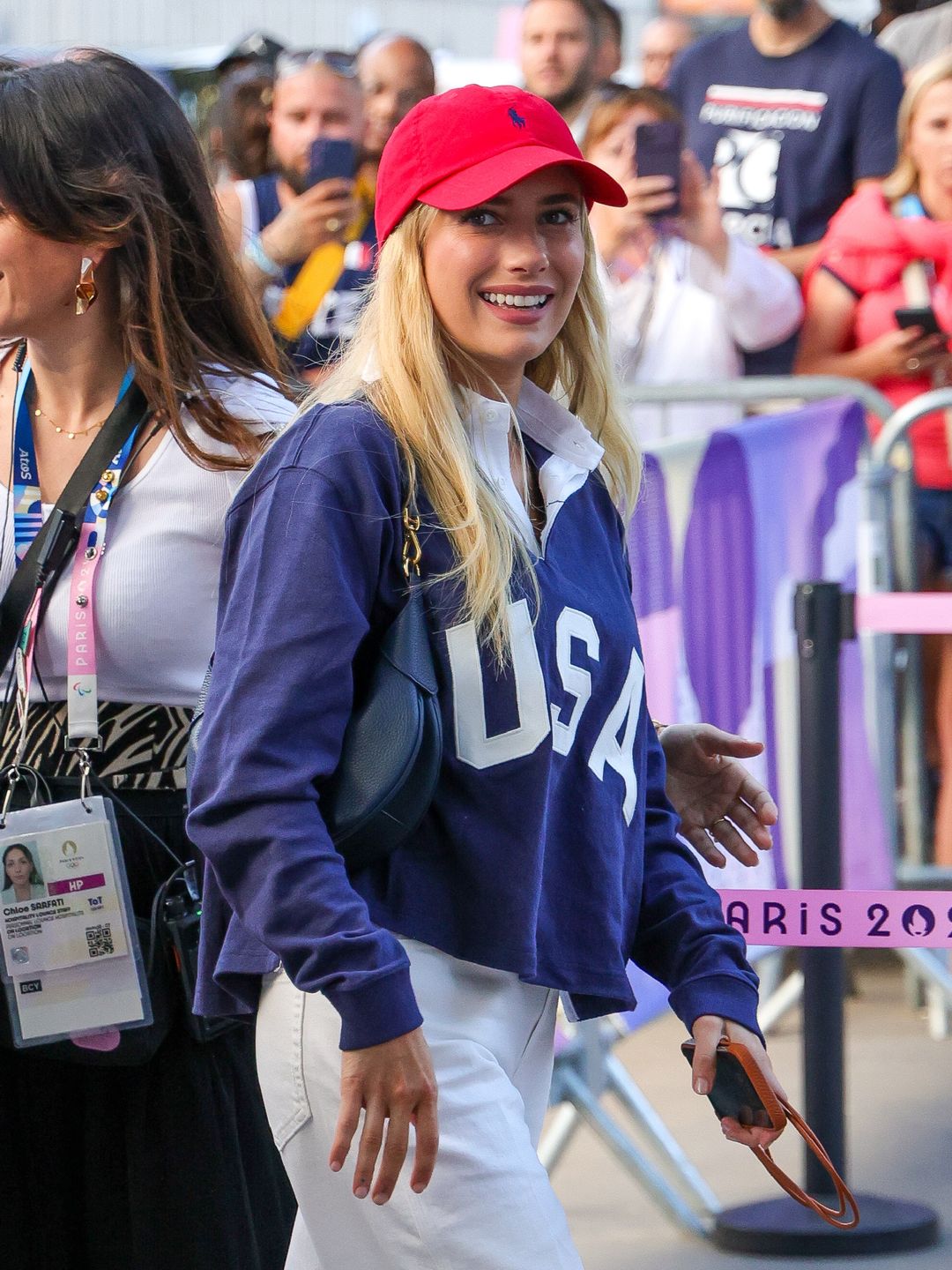 Emma Roberts is seen arriving at the Team United States vs Team Serbia basketball semi-finals game at the Paris 2024 Olympic Games 