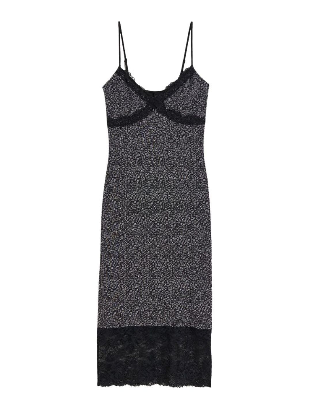 Ditsy print slip dress with lace trims 