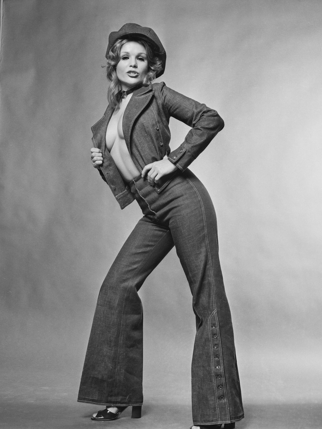 Bell bottoms and wooden platform shoes.70's fashion.