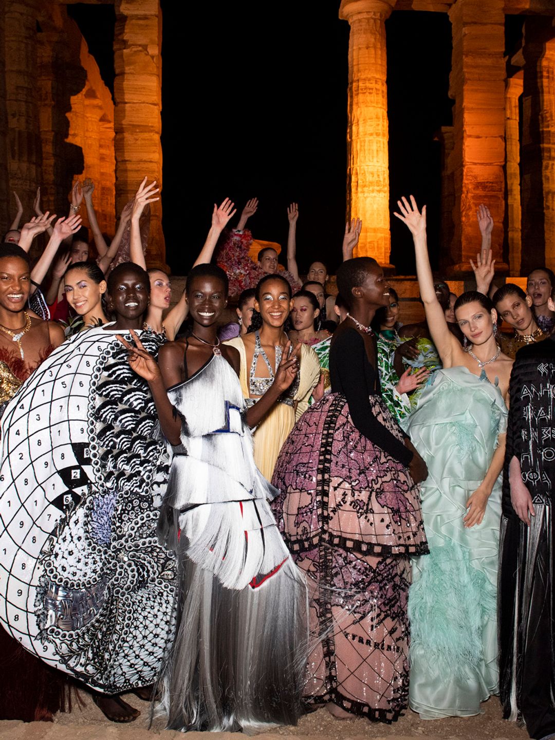 Models at the Mary Katrantzou SS20 couture show at the Temple of Poseidon, Athens 