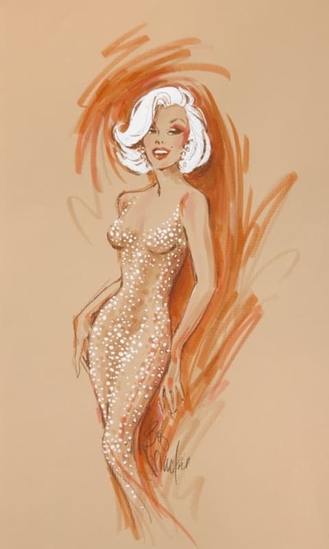 Original Bob Mackie sketch of Marilyn Monroe in her 1962 Jean Louis gown 