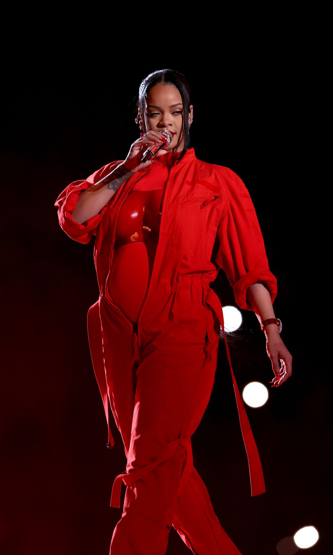 Rihanna performs onstage during the Apple Music Super Bowl LVII Halftime Show at State Farm Stadium on February 12, 2023 in Glendale, Arizona.