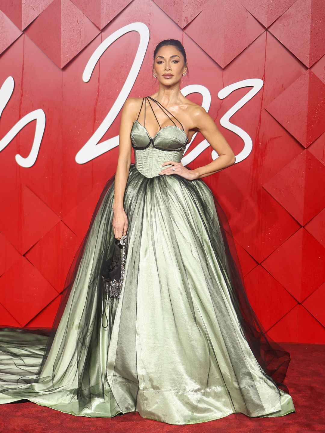 nicole scherzinger sage green dress at fashion awards 
