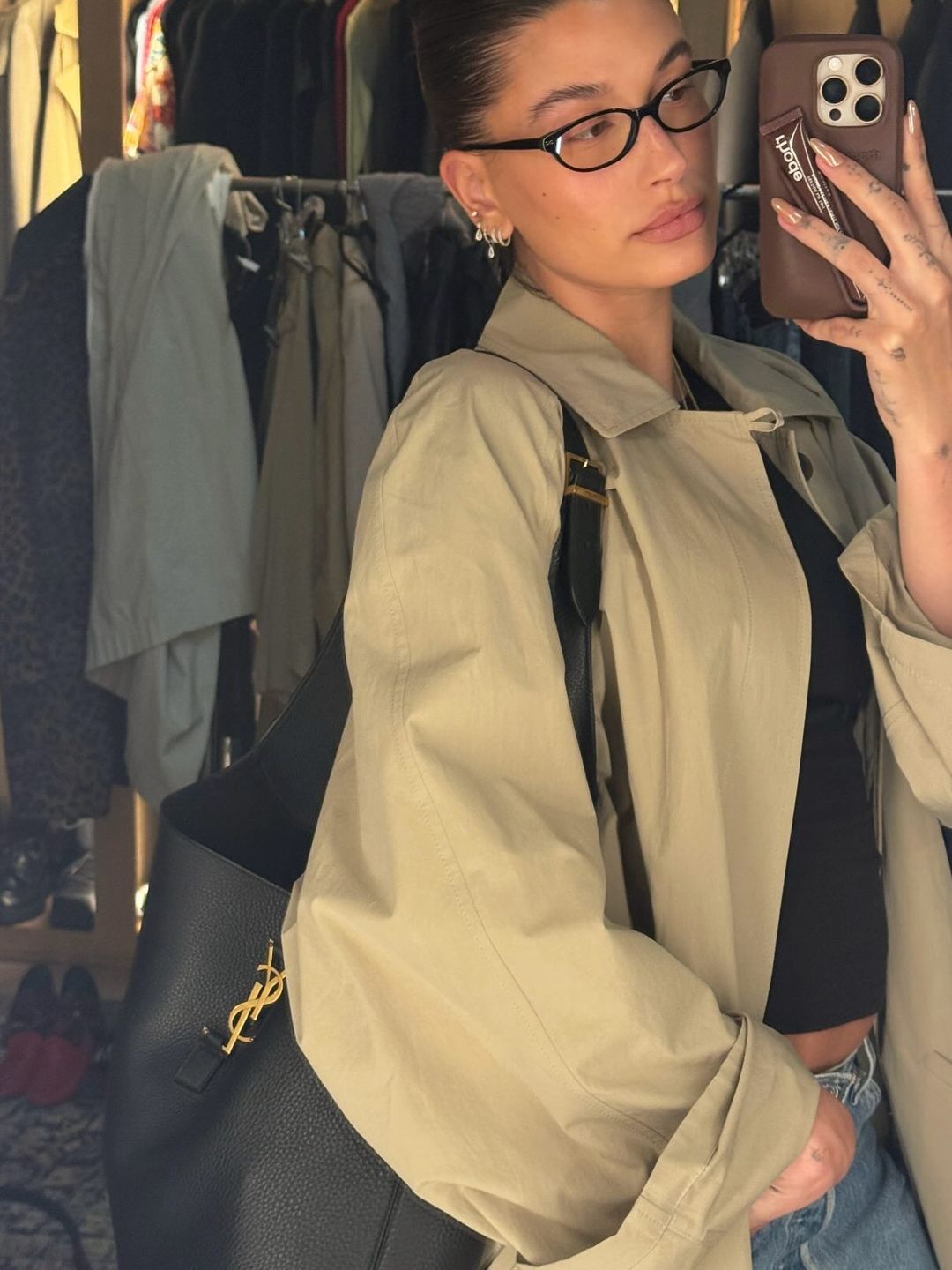 Hailey bieber in beige trench coat