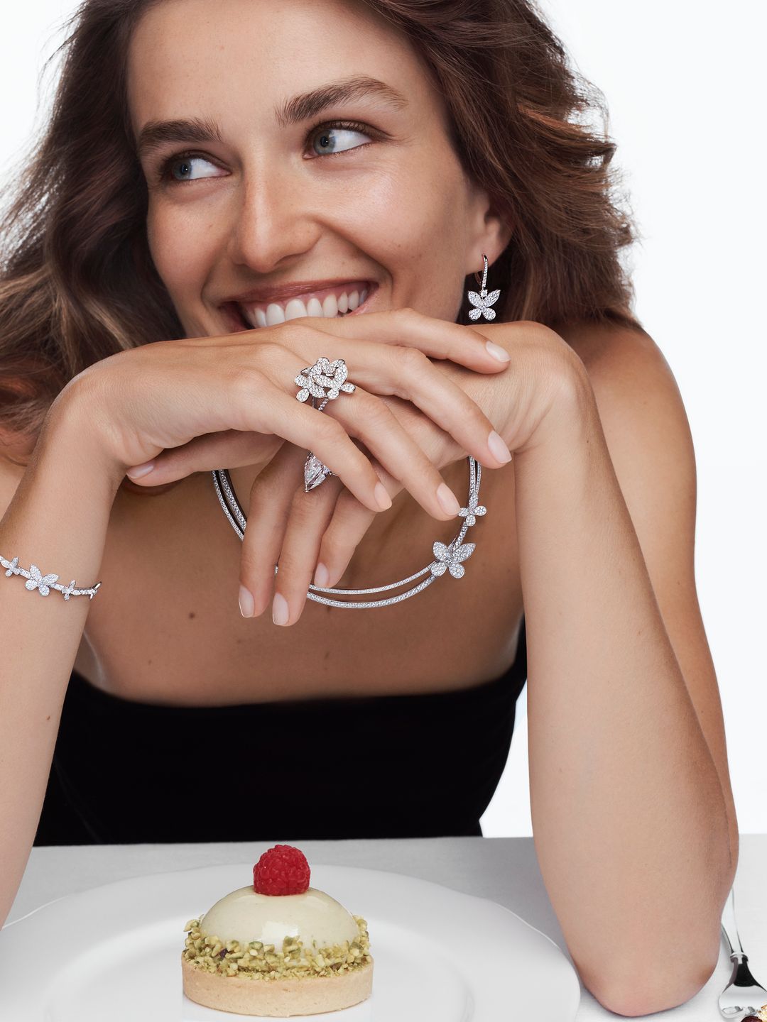 Graff model poses in diamond jewellery for its festive campaign 