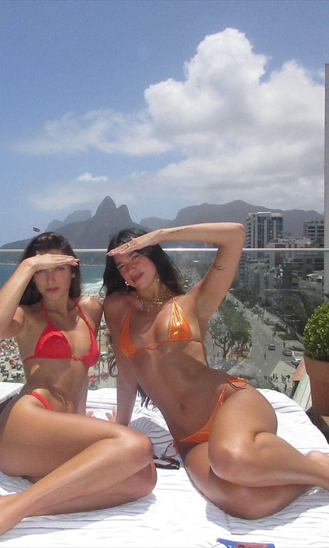 Dua Lipa and her Sister Rina pose for a photo while tanning on a lounger
