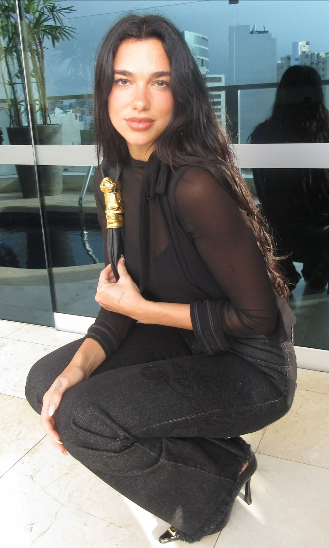 Dua Lipa poses for a photo crouched down in black jeans and a sheer black top