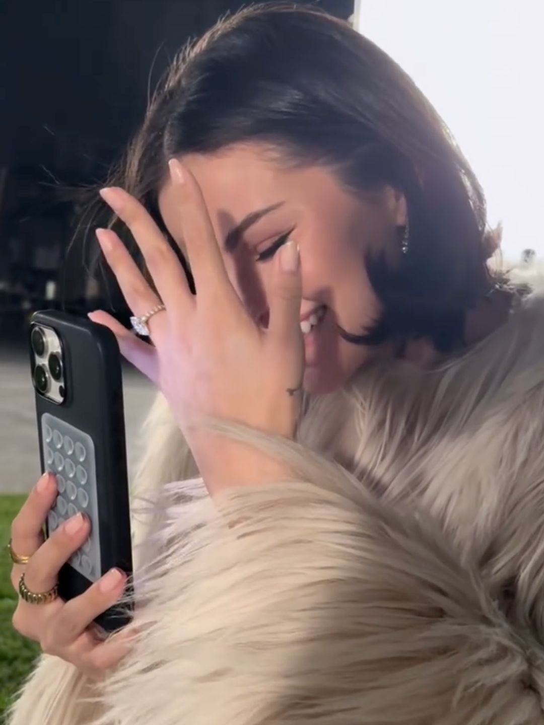 Selena Gomez shares a video of herself on FaceTime in a fluffy jacket after saying yes to Benny Blanco's proposal