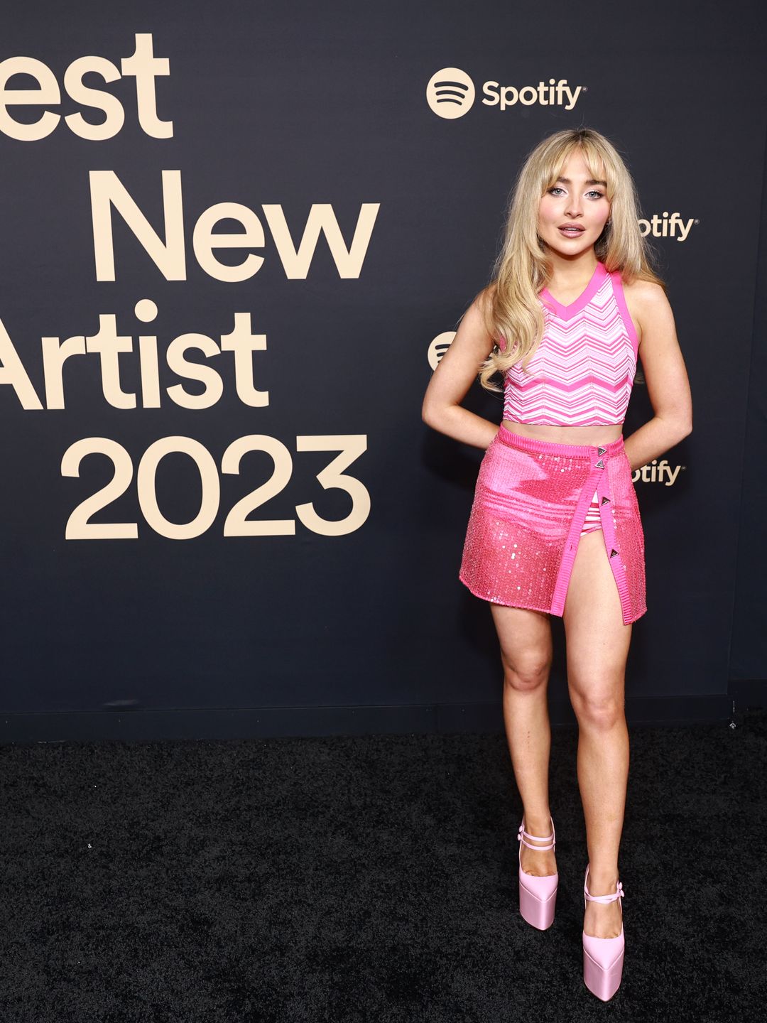 Sabrina Carpenter attends Spotify's 2023 Best New Artist Party in an all pink ensemble