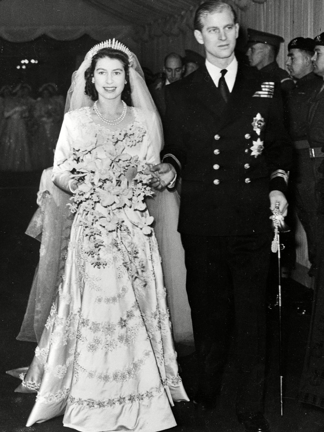 The Queen and Prince Philip smiling on their wedding day in November 1947