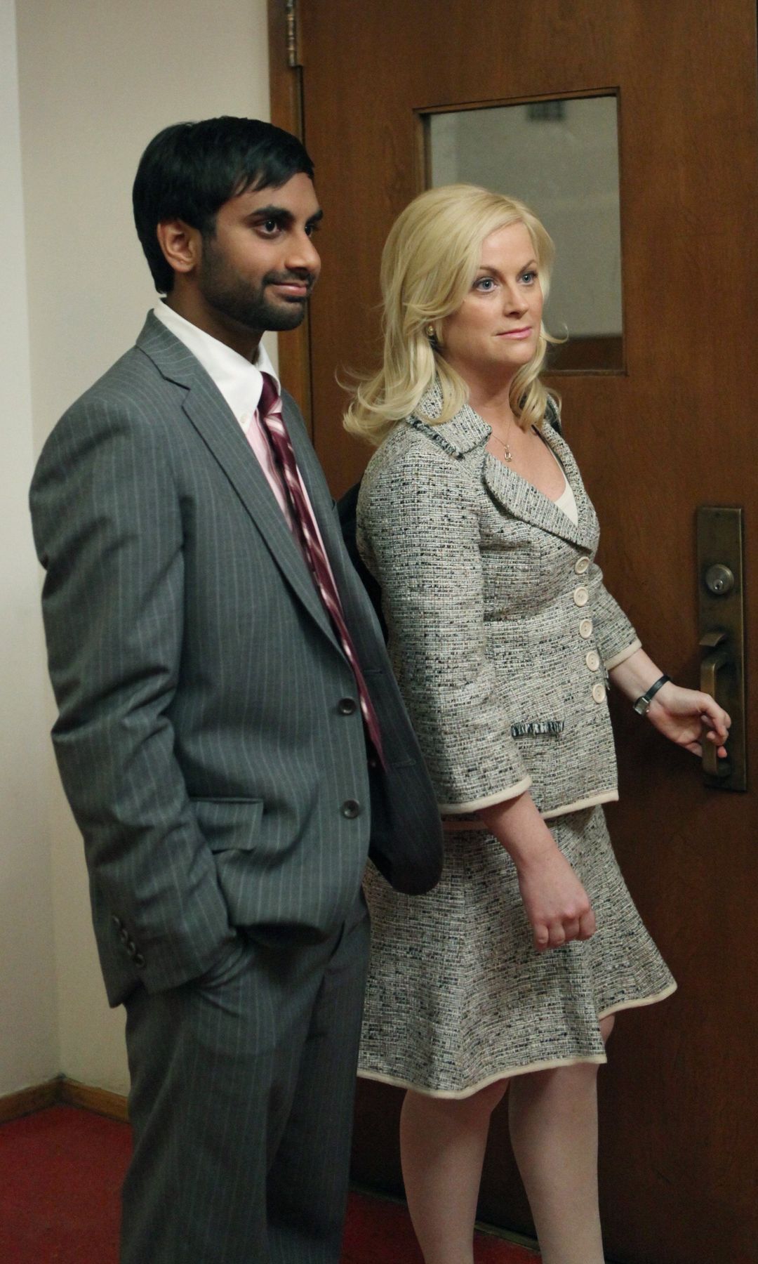 Aziz Ansari as Tom Haverford, Amy Poehler as Leslie Knope for Parks and Recreation