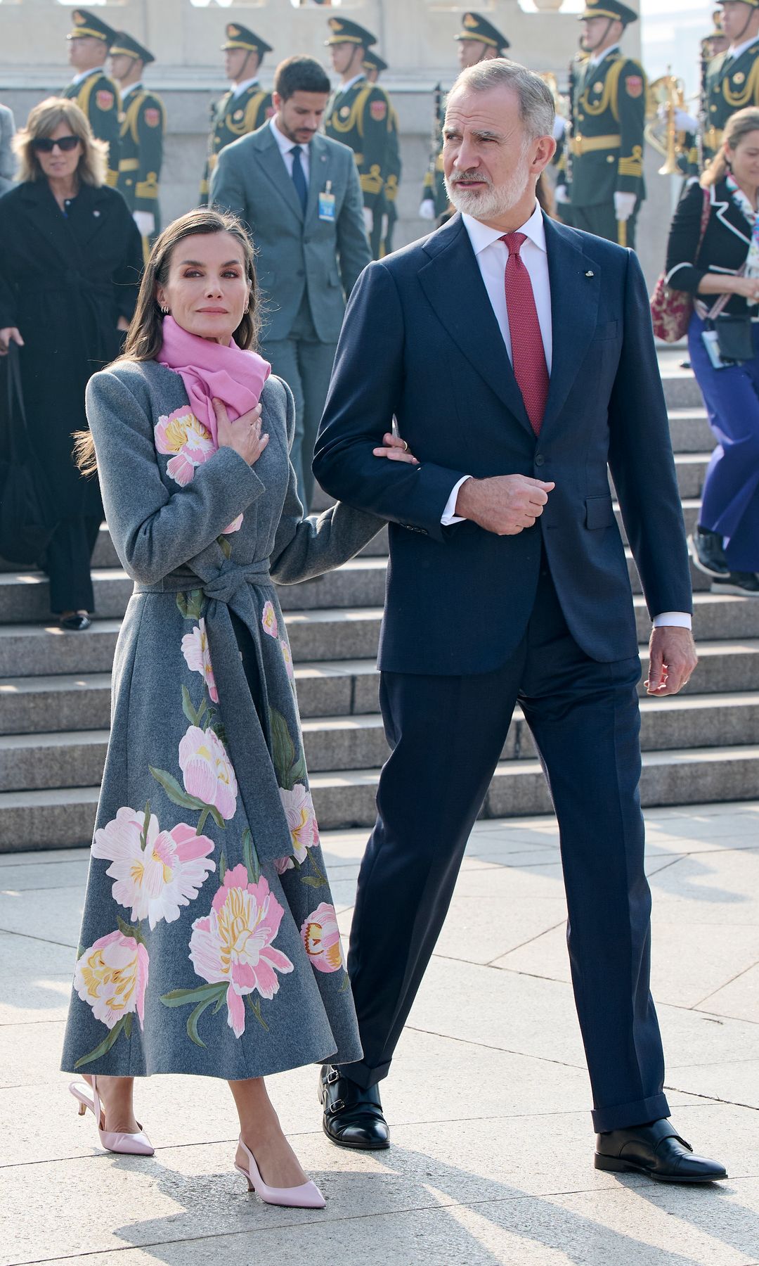 King Felipe VI of Spain and Queen Letizia of Spain attend the wreath-laying ceremony at the Tiananmen Square on November 12, 2025 in Beijing, China