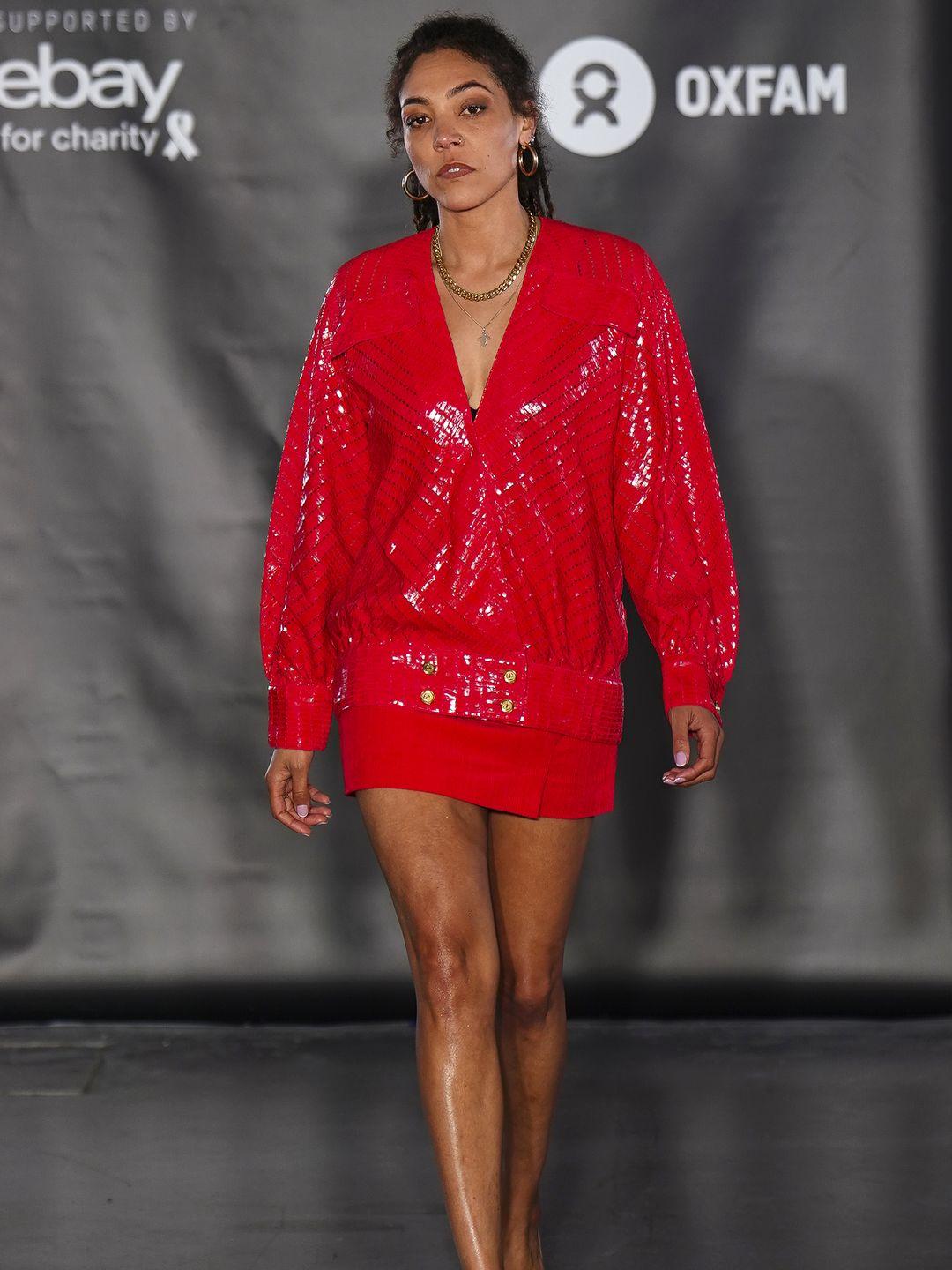 Miquita Oliver on the catwalk during Oxfam's Fashion Fighting Poverty London Fashion Week show in 2023