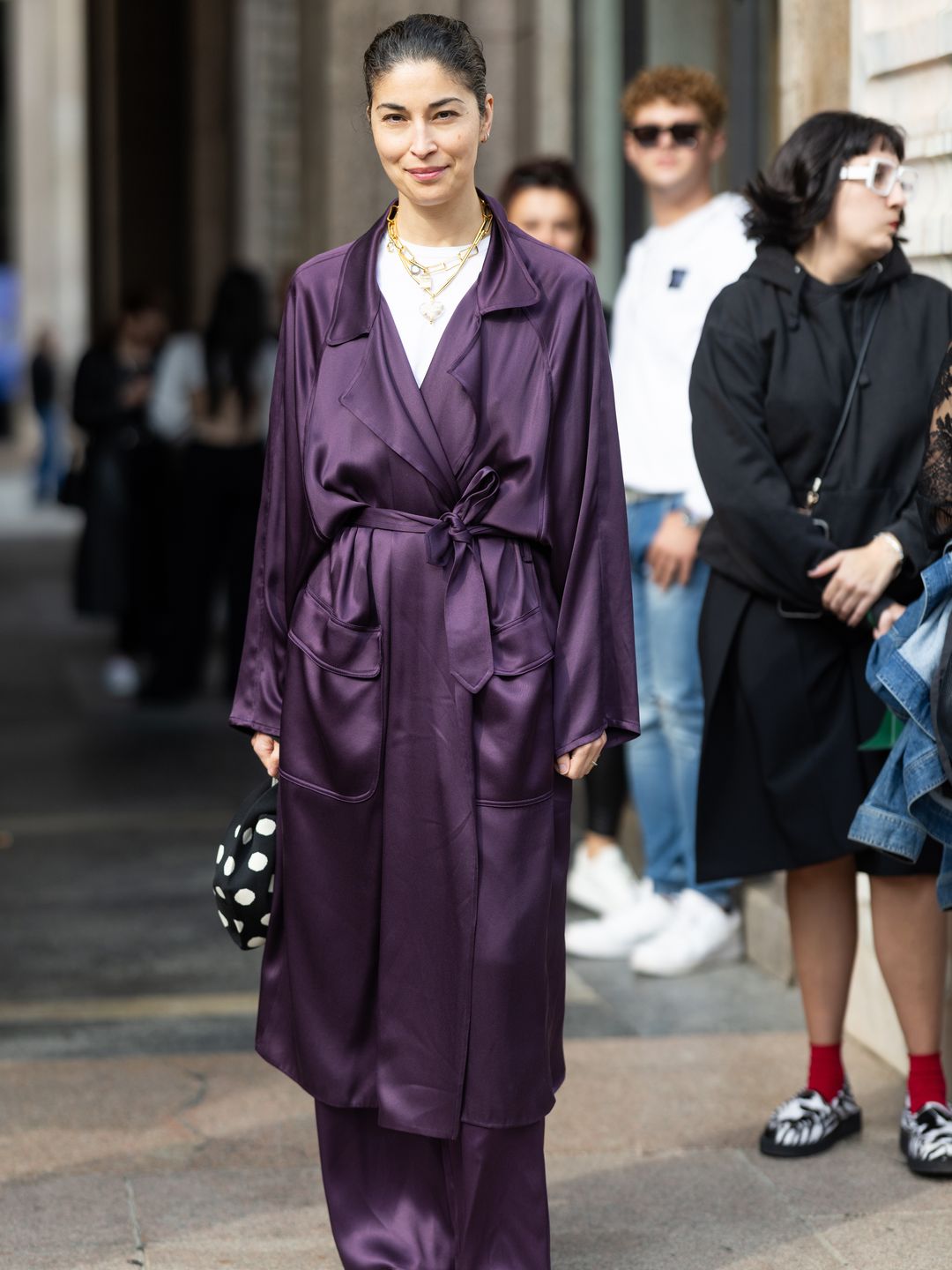 Caroline Issa opted for a black and white polka dot bag during Milan Fashion Week last week