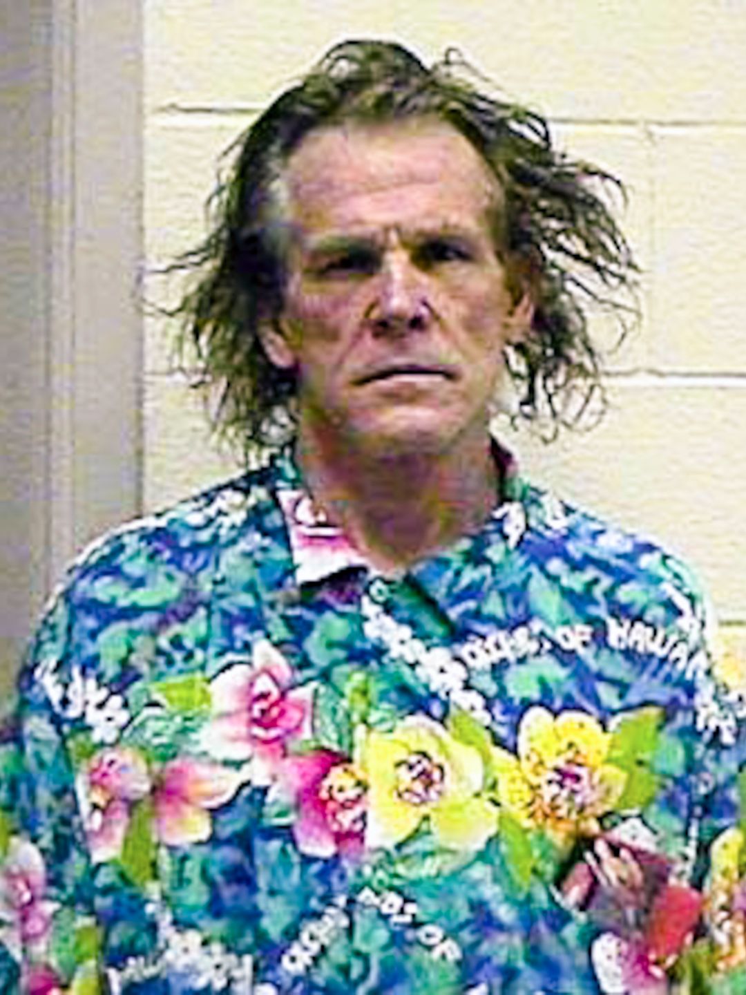 Nick Nolte in a Hawaiian floral shirt for a mugshot