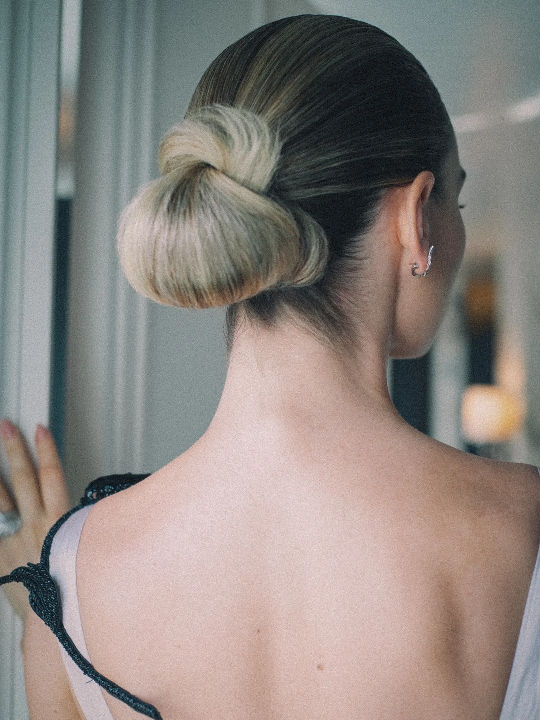 Lily James' hair in a chignon