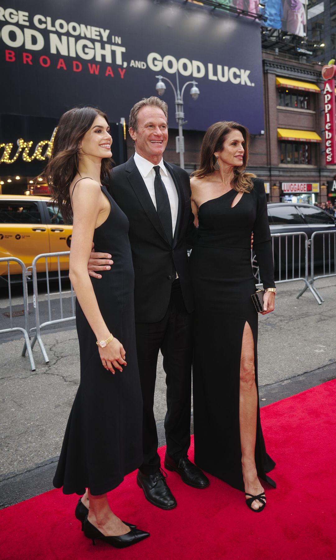 Kaia Gerber, Rande Gerber and Cindy Crawford attend "Good Night, And Good Luck" Broadway Opening Night at Winter Garden Theatre on April 03, 2025 in New York City